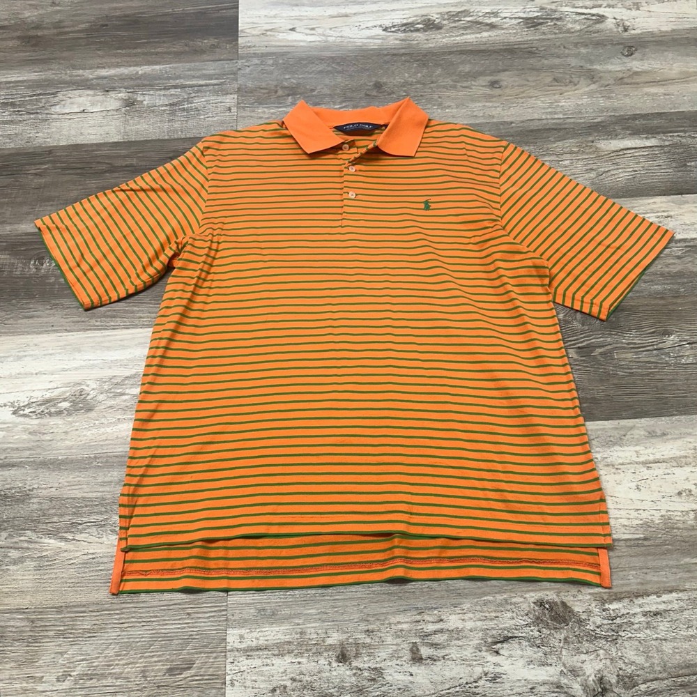 Polo Golf‎ Ralph Lauren Striped Orange Green Mens L Pima Cotton Pony Polo Shirt
